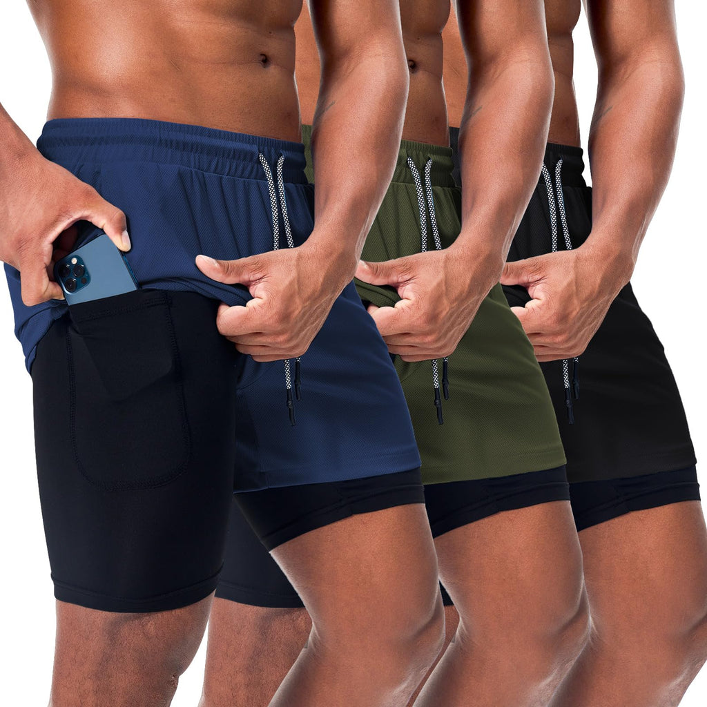 3 Pack Mens Athletic Gym Shorts Quick Dry Workout Lightweight Shorts 2 in 1 Running Shorts for Men with Pockets