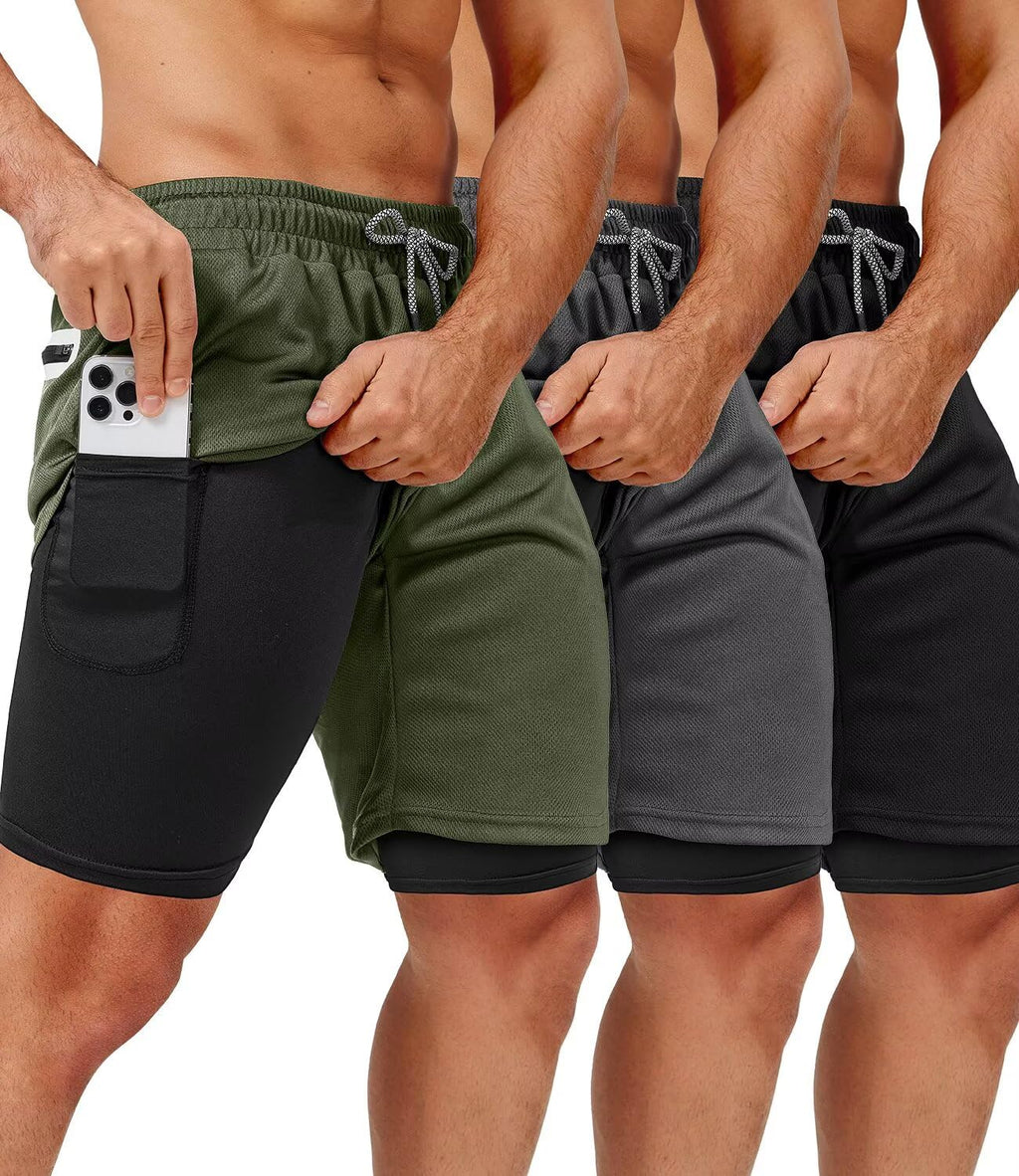 OCYMA 3 Pack Men's 2 In1 Gym Shorts Men with Pockets 7 inch Workout Shorts Men Running Shorts with Liner&Towel Loop